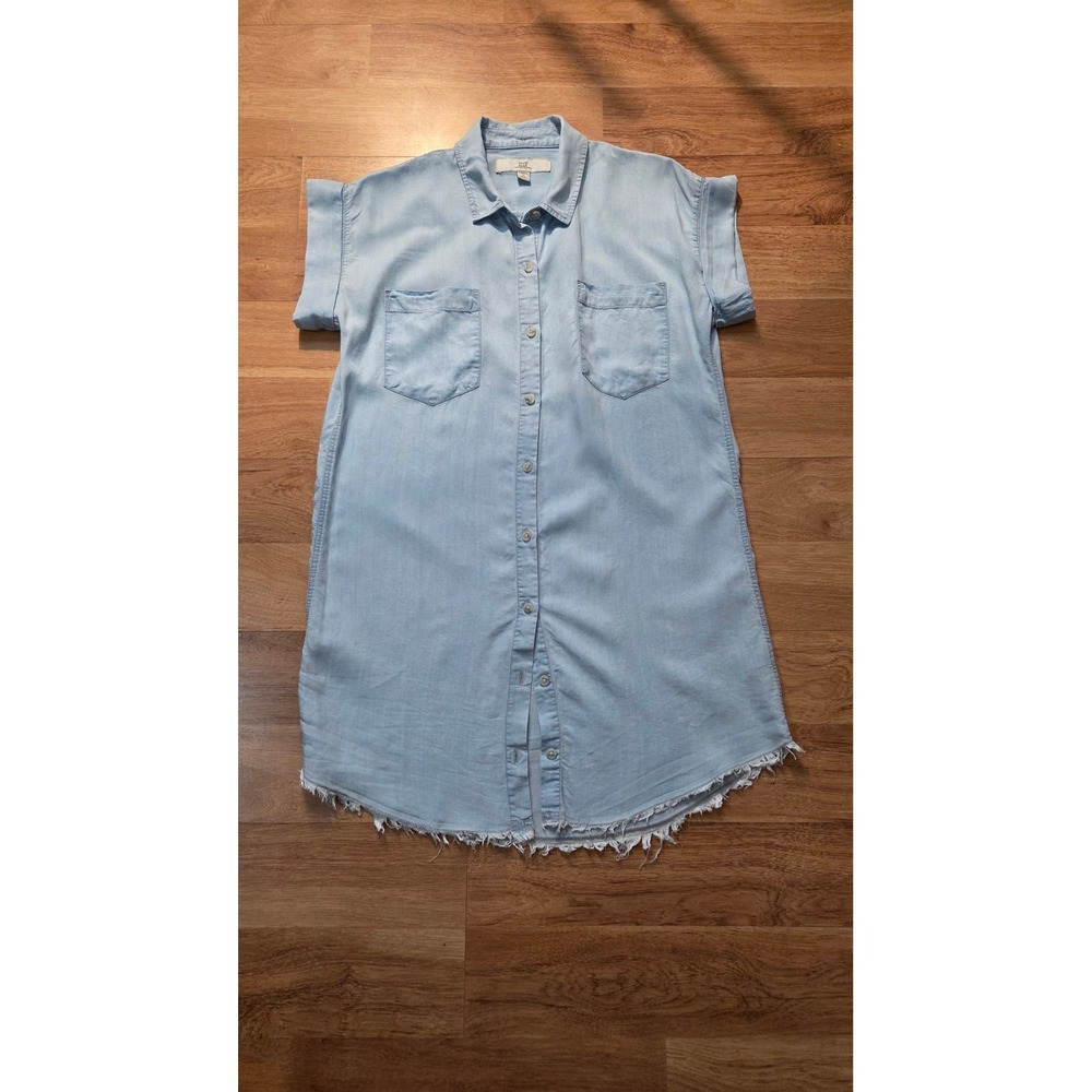 Thread & Supply Light Wash Lyocell Button Front Frayed Hem Shirt Dress XS